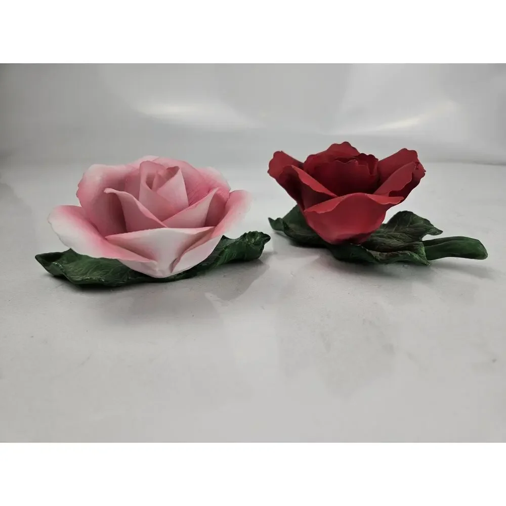 Set of 2 Vintage Porcelain Roses - Red & Pink on Green Leaves Figurine - Picture 2 of 10